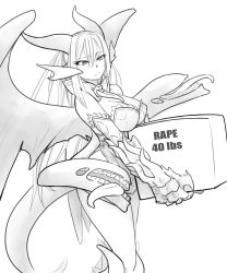 Rule 34 | 1girl, animal hands, bad deviantart id, bad id, box, breasts, carrying, claws, cleavage, english text, extra mouth, extra tongue, greyscale, highres, horns, jabberwock (monster girl encyclopedia), large breasts, less, long hair, long tongue, meme, monochrome, monster girl, monster girl encyclopedia, rape, scales, sketch, solo, tail, tongue, tongue out, very long hair, wings