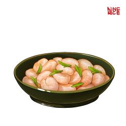 Rule 34 | absurdres, bowl, english text, food, food focus, highres, jiumudao, leaf, no humans, original, seafood, shrimp, simple background, vegetable, white background