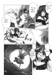 Rule 34 | 2girls, animal ears, dialogue box, drill hair, finger to mouth, fingernails, fox ears, fox girl, fox tail, gem, giant, giantess, greyscale, highres, imaizumi kagerou, mermaid, monochrome, monster girl, multiple girls, numbered, open mouth, saliva, size difference, smile, stomach (organ), sweat, tail, teeth, touhou, translated, translation request, utopia, vore, wakasagihime, wide-eyed