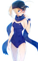 Rule 34 | 10s, 1girl, :o, ahoge, amami amayu, arm at side, artoria pendragon (all), artoria pendragon (fate), bare shoulders, baseball cap, black hat, blonde hair, blue eyes, blue hat, blue one-piece swimsuit, blue scarf, blush, breasts, clenched hand, collarbone, commentary request, competition school swimsuit, cowboy shot, eyelashes, fate/extella, fate/extra, fate/grand order, fate (series), fingernails, hair through headwear, hand to own mouth, hand up, hat, highres, legs apart, long fingernails, looking at viewer, mysterious heroine x (fate), nose blush, one-piece swimsuit, open mouth, ponytail, rojiura satsuki: chapter heroine sanctuary, saber (fate), scarf, school swimsuit, short hair, sidelocks, simple background, small breasts, solo, standing, swimsuit, v-shaped eyebrows, walking, wet, wet clothes, wet hair, wet swimsuit, white background, wristband