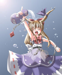 Rule 34 | 1girl, :d, ^ ^, arm up, armpits, bare shoulders, blue skirt, bottle, bow, bowtie, chain, closed eyes, dripping, female focus, gourd, grey background, hair bow, horns, ibuki suika, oni, open mouth, red bow, red bowtie, sakaki una, shirt, simple background, skirt, smile, solo, splashing, standing, subaru noji, touhou, white shirt, wrist cuffs