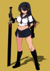 Rule 34 | 1girl, bare legs, black footwear, black hair, boots, breasts, choker, commentary request, crop top, ear piercing, covered erect nipples, eyepatch, full body, gauntlets, gradient hair, groin, hair over one eye, highres, horns, knee boots, large breasts, long hair, looking at viewer, midriff, multicolored hair, navel, no panties, null (nyanpyoun), original, piercing, red hair, school uniform, serafuku, sheath, sheathed, simple background, single horn, skirt, solo, standing, sword, two-tone hair, weapon