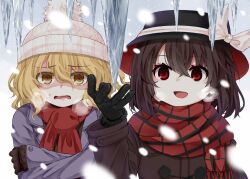 Rule 34 | 2girls, :d, black gloves, black headwear, blonde hair, bow, breath, brown coat, brown hair, cloud, cloudy sky, coat, commentary request, crossed arms, fedora, gloves, hat, hat bow, ice, long sleeves, maribel hearn, multiple girls, open clothes, open coat, open mouth, outdoors, plaid, plaid scarf, pom pom (clothes), purple coat, red eyes, red scarf, scarf, short hair, sky, smile, stalactite, touhou, upper body, usami renko, wavy mouth, white bow, white headwear, wind, yellow eyes, zetsumame
