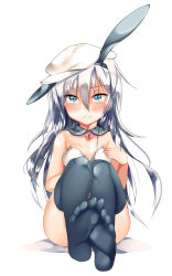 Rule 34 | 10s, 1girl, abe ranzu, adapted costume, animal ears, bare shoulders, black thighhighs, blue eyes, blush, breasts, detached collar, fake animal ears, flat cap, hair between eyes, hat, heart, heart-shaped lock, heart lock (kantai collection), hibiki (kancolle), kantai collection, leotard, long hair, looking at viewer, playboy bunny, rabbit ears, silver hair, simple background, sitting, small breasts, solo, thighhighs, verniy (kancolle), white background, wrist cuffs