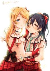 Rule 34 | 2girls, alternate hairstyle, ayase eli, blue eyes, blue hair, bokura wa ima no naka de, bow, center frills, clothing cutout, cosplay, costume switch, earrings, fingerless gloves, frilled shirt collar, frills, frown, gloves, hair between eyes, hair bow, hair down, hairband, hairstyle switch, hand on another&#039;s face, heart, heart cutout, highres, jewelry, lilylion26, long hair, looking at viewer, looking back, love live!, love live! school idol project, multiple girls, necktie, one eye closed, ponytail, red gloves, signature, smile, sonoda umi, swept bangs, twitter username, yellow eyes, yuri