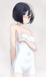 Rule 34 | 1girl, arm behind back, bare shoulders, black hair, blush, bob cut, breasts, collarbone, commentary request, cowboy shot, from side, grey eyes, hand on own chest, hand up, highres, holding, holding towel, kiona (giraffe kiona), looking at viewer, naked towel, navel, original, parted bangs, pout, short hair, simple background, small breasts, solo, standing, towel, upper body, white background