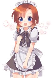 1girl :d absurdres alternate_costume apron back_bow black_skirt blue_eyes blunt_ends blush bow clenched_hand collared_shirt commentary_request cowboy_shot enmaided film_grain frilled_apron frilled_skirt frills hand_up happy highres higurashi_no_naku_koro_ni looking_at_viewer maid maid_headdress niyane open_mouth orange_hair puffy_short_sleeves puffy_sleeves ryuuguu_rena shirt short_sleeves simple_background skirt smile solo tareme waist_apron white_apron white_background white_bow white_shirt