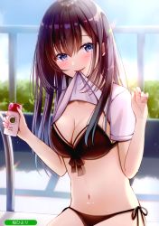 Rule 34 | 1girl, absurdres, artist name, bikini, black bikini, black hair, blue eyes, blurry, blurry background, blush, breasts, clothes in mouth, clothes lift, day, front-tie bikini top, front-tie top, gradient hair, groin, hair between eyes, highres, holding, lifted by self, long hair, looking at viewer, medium breasts, mouth hold, multicolored hair, navel, original, outdoors, pool, sakura hiyori, shirt, shirt in mouth, shirt lift, side-tie bikini bottom, sideboob, sitting, solo, swimsuit, white shirt