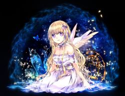 Rule 34 | 1girl, angel wings, birdcage, blonde hair, breasts, bug, butterfly, cage, cleavage, clover, commentary request, crystal, detached collar, detached sleeves, dress, feathered wings, four-leaf clover, hair ribbon, head tilt, in water, insect, kano (pixiv271651), light particles, long hair, looking at viewer, medium breasts, mixed-language commentary, night, night sky, parted lips, petals, pixiv fantasia, pixiv fantasia last saga, pointy ears, purple eyes, purple ribbon, ribbon, sky, solo, star (sky), starry sky, strapless, strapless dress, very long hair, white dress, wings