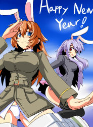 Rule 34 | 2girls, animal ears, blue eyes, breasts, charlotte e. yeager, crossover, harukatron, large breasts, long hair, md5 mismatch, military, military uniform, multiple girls, necktie, no pants, orange hair, panties, purple hair, rabbit ears, rabbit girl, red eyes, reisen udongein inaba, salute, strike witches, striker unit, touhou, underwear, uniform, white panties, world witches series