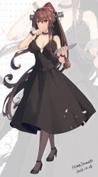 Rule 34 | 1girl, absurdres, artist name, black dress, black footwear, black pantyhose, blush, breasts, brown eyes, brown hair, closed mouth, collarbone, dated, dress, flower, full body, hair between eyes, hair flower, hair ornament, high heels, highres, himeyamato, kantai collection, large breasts, long hair, multiple views, pantyhose, pink flower, polka dot, polka dot background, signature, smile, very long hair, yamato (kancolle), zoom layer