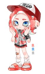 Rule 34 | 1girl, absurdres, baseball cap, black shorts, blue eyes, closed mouth, commentary request, ear piercing, earrings, full body, hat, hawaiian shirt, highres, jewelry, long hair, myon rio, nintendo, octoling, octoling girl, octoling player character, piercing, red footwear, red hair, red trim, sandals, shirt, short shorts, shorts, simple background, smile, socks, solo, splatoon (series), standing, tentacle hair, white background, white socks