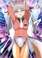 Rule 34 | 1girl, animal ears, belt, brown hair, extra ears, fox ears, fox girl, fox tail, gloves, grey hair, hat, highres, island fox (kemono friends), jacket, kemono friends, kemono friends v project, long hair, looking at viewer, microphone, necktie, pantyhose, rest in muni, ribbon, shirt, simple background, skirt, solo, tail, twintails, virtual youtuber, yellow eyes