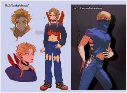 Rule 34 | 2boys, alternate costume, alternate hairstyle, best jeanist, blonde hair, blue background, blue pants, boku no hero academia, border, clothing request, covered mouth, crop top, cropped shoulders, denim, earrings, english text, facial hair, flame print, hair over one eye, hawks (boku no hero academia), heart, highres, jeans, jewelry, keva (liltkeva), long hair, long sleeves, male focus, midriff, mini wings, multiple boys, navel, pants, red footwear, red wings, shoes, short hair, sidelocks, smile, stubble, sweater, tongue, tongue out, white border, wings