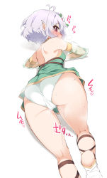 Rule 34 | 1girl, absurdres, antenna hair, ass, back, backless dress, backless outfit, bare shoulders, blush, breasts, cameltoe, detached sleeves, dress, highres, kokkoro (princess connect!), nekono matatabi, panties, pointy ears, princess connect!, purple eyes, see-through, short hair, small breasts, solo, sweat, underwear, white background, white hair, white panties