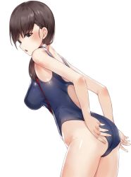Rule 34 | 1girl, adjusting clothes, adjusting swimsuit, ass, black eyes, black hair, blush, breasts, chestnut mouth, competition swimsuit, from side, impossible clothes, impossible swimsuit, kfr, long hair, one-piece swimsuit, open mouth, original, ponytail, profile, simple background, solo, swimsuit