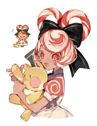 Rule 34 | 1girl, black bow, bow, cookie run, dress, hair bow, hair rings, holding, holding stuffed toy, humanization, lollipop cookie, multicolored hair, open mouth, puffy short sleeves, puffy sleeves, red hair, reference inset, sapphire (nine), short sleeves, sidelocks, smile, solo, streaked hair, stuffed animal, stuffed toy, teddy bear, white dress