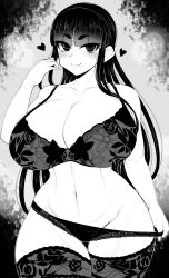 Rule 34 | 1girl, absurdres, bra, breasts, cleavage, closed mouth, collarbone, commentary request, cowboy shot, curvy, floral print, greyscale, groin, haseru (ginku mh), heart, highres, huge breasts, lingerie, long hair, mole, mole on breast, mole on thigh, mole under mouth, monochrome, navel, original, panties, panty pull, pulling own clothes, sidelocks, smile, solo, thighhighs, underwear, underwear only
