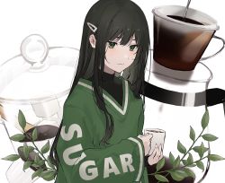 Rule 34 | 1girl, blush, closed mouth, clothes writing, coffee, cropped, cup, english text, green eyes, green hair, hair ornament, hairclip, highres, holding, holding cup, jar, ktym 777, leaf, long hair, long sleeves, mug, original, pink lips, pouring, solo, sugar (food), sugar cube, turtleneck, water drop, wide sleeves