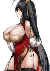 Rule 34 | 1girl, absurdres, ahoge, azur lane, bare shoulders, black hair, black thighhighs, breasts, china dress, chinese clothes, cleavage, cleavage cutout, clothing cutout, curvy, cutout above navel, dress, feather boa, garter straps, highres, j.moon, long hair, official alternate costume, pelvic curtain, red dress, red eyes, smile, taihou (phoenix&#039;s spring song) (azur lane), thighhighs, thighs