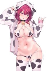 1girl absurdres animal_ears animal_print artist_name bell bikini blush breasts commentary cow_ears cow_horns cow_print cow_print_bikini cow_print_thighhighs cow_tail cowbell english_commentary gluteal_fold heterochromia highres hololive hololive_english horns irys_(hololive) large_breasts looking_at_viewer multicolored_hair multiple_horns namiorii pointy_ears print_bikini print_thighhighs purple_eyes red_hair solo streaked_hair swimsuit tail virtual_youtuber