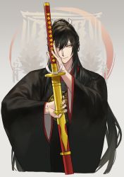 Rule 34 | 1boy, black hair, chorefuji, closed mouth, commentary request, eyeshadow, grey background, hair between eyes, hand up, highres, holding, long hair, long sleeves, looking at viewer, makeup, male focus, nail polish, red eyeshadow, sheath, solo, sword, tarou tachi, touken ranbu, weapon, yellow eyes, yellow nails