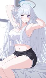 Rule 34 | 1girl, armpits, arms behind head, black shorts, blue archive, blush, breasts, cleavage, commentary, grey hair, halo, hickey, highres, large breasts, long hair, midriff, navel, noa (blue archive), one eye closed, purple eyes, reia 76, short hair, shorts, sitting, solo, tank top, thighs, very long hair, window