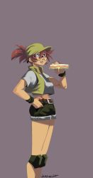 Rule 34 | 1girl, belt, breasts, brown belt, crop top, cropped jacket, fio germi, food, from side, glasses, green hat, green shorts, grey background, hand on own hip, hat, highres, holding, holding food, looking up, medium breasts, metal slug, navel, round eyewear, sandwich, short shorts, shorts, simple background, sleeveless, sleeveless jacket, solo, werfmight