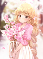 Rule 34 | 1girl, :o, bad id, bad pixiv id, blonde hair, blurry, blush, cherry blossoms, depth of field, dress, frilled shirt collar, frills, glass, highres, holding, long hair, looking at viewer, miyaza, original, outdoors, parted lips, petals, puffy short sleeves, puffy sleeves, purple eyes, short sleeves, solo, upper body, vase, very long hair, white dress