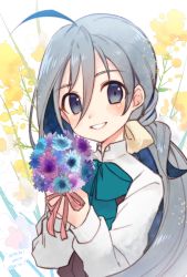 Rule 34 | 1girl, ahoge, blush, bouquet, bow, bowtie, dress, floral background, flower, grey eyes, grey hair, hair between eyes, hair bun, halterneck, kantai collection, kiyoshimo (kancolle), koruri, lips, long hair, long sleeves, looking at viewer, low twintails, parted lips, purple dress, ribbon, school uniform, shirt, single hair bun, sleeveless, sleeveless dress, smile, solo, teeth, twintails, upper body, very long hair, white shirt, yellow ribbon
