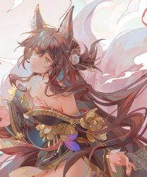 1girl animal_ears breasts brown_hair brown_kimono commentary cowboy_shot fox_ears fox_girl fox_tail fugue_(honkai:_star_rail) green_eyes highres honkai:_star_rail honkai_(series) japanese_clothes kimono kirabunni kitsune kyuubi long_hair looking_ahead medium_breasts multiple_tails off_shoulder solo tail tingyun_(honkai:_star_rail) very_long_hair