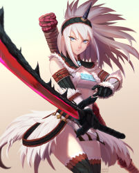 Rule 34 | 1girl, bandeau, blue eyes, capcom, closed mouth, cowboy shot, elbow gloves, fur trim, gloves, hairband, has bad revision, highres, holding, holding sword, holding weapon, katana, kirin (armor), kokodama, looking at viewer, md5 mismatch, mole, mole under eye, monster hunter, monster hunter: world, monster hunter (series), navel, resolution mismatch, sheath, solo, source larger, strapless, sword, thighhighs, tube top, weapon, white hair