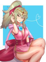Rule 34 | 1girl, blue background, bow, breasts, cleavage, dragonstone, dress, fire emblem, fire emblem: mystery of the emblem, fire emblem awakening, fire emblem heroes, green eyes, green hair, hair bow, tucking hair, highres, jewelry, large breasts, long hair, looking at viewer, necklace, nintendo, pink dress, pointy ears, ponytail, short dress, side slit, signature, simple background, sitting, smile, solo, stone, thighs, tiara, tiki (adult) (fire emblem), tiki (fire emblem), zet (twt zet)