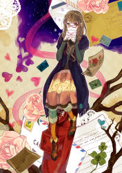 Rule 34 | 1girl, boots, braid, branch, brown hair, clover, covering face, covering own mouth, covering privates, flower, four-leaf clover, french text, glasses, heart, highres, jacket, japanese postal mark, letter, long hair, love letter, orange pantyhose, original, pantyhose, postage stamp, postbox, ribbon, sitting, solo, stamp, striped clothes, striped pantyhose, vertical-striped clothes, vertical-striped pantyhose, vient, yellow eyes