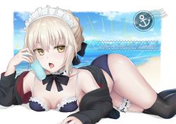 Rule 34 | 1girl, anchor symbol, artist request, artoria pendragon (all), artoria pendragon (alter swimsuit rider) (fate), artoria pendragon (fate), ass, bikini, black bikini, black bow, black jacket, black ribbon, black socks, blonde hair, bow, braid, breasts, commentary request, fate/grand order, fate (series), frills, hair between eyes, hair bow, hair ornament, jacket, kneehighs, looking at viewer, lying, maid, maid bikini, maid headdress, on stomach, outdoors, ribbon, saber alter, short hair, small breasts, socks, solo, swimsuit, tongue, tongue out, unconventional maid, yellow eyes