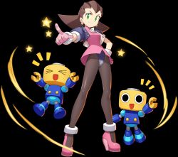 Rule 34 | 1girl, cropped jacket, crotch plate, earrings, hair pulled back, hairband, hand on own hip, high heels, highres, jacket, jewelry, looking at viewer, mega man (series), mega man legends (series), mega man x (series), mega man x dive, mizuno keisuke, non-web source, official art, open clothes, open jacket, outstretched arms, pantyhose, pink footwear, pink hairband, pointing, puffy sleeves, servbot (mega man), short sleeves, smile, standing, star (symbol), transparent background, tron bonne (mega man)