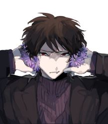 Rule 34 | 1boy, black jacket, brown hair, chinese commentary, clenched teeth, commentary request, covering own ears, daisy, flower, harada minoru, highres, jacket, long sleeves, male focus, meng4294, open clothes, open jacket, portrait, purple flower, purple sweater, red eyes, ribbed sweater, saibou shinkyoku, short hair, simple background, solo, sweater, teeth, turtleneck, turtleneck sweater, white background