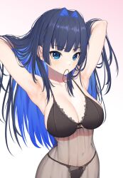 Rule 34 | 1girl, armpits, bangom r, black hair, black panties, blue eyes, blue hair, bra, breasts, cleavage, hair intakes, highres, hololive, hololive english, lace, large breasts, lingerie, long hair, mole, mole on armpit, multicolored hair, navel, ouro kronii, panties, solo, underwear, underwear only, virtual youtuber