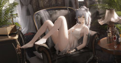 Rule 34 | 1girl, absurdres, alternate costume, animal ears, arknights, armchair, bare legs, barefoot, black gloves, bottle, breasts, candlestand, cat ears, cat girl, chair, cleavage, cup, dress, drinking glass, fingerless gloves, full body, gloves, grey hair, hair between eyes, highres, indoors, lamp, lampshade, ling dianxia, looking at viewer, parted lips, phonograph, plant, ponytail, potted plant, schwarz (arknights), sitting, small breasts, solo, table, thighs, white dress, wine glass, yellow eyes