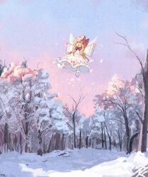 Rule 34 | 103anon, 1girl, :d, bare tree, blonde hair, blue sky, bow, bowtie, branch, capelet, cherry blossoms, closed eyes, danlamdae, dress, fairy, fairy wings, flying, gradient sky, hat, hat bow, highres, lily white, long hair, long sleeves, midair, open mouth, outdoors, outstretched arms, petals, red bow, red bowtie, shoes, sky, smile, snow, solo, spread arms, touhou, tree, white capelet, white dress, white footwear, white hat, wide shot, wings