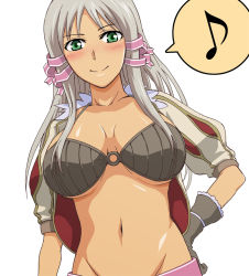 Rule 34 | 1girl, atelier (series), atelier totori, belt, bikini, bikini top only, blush, breasts, cleavage, female focus, gloves, green eyes, hair ribbon, hand on own hip, hip focus, large breasts, loincloth, long hair, mervia siebel, midriff, musical note, o-ring, o-ring top, open clothes, open shirt, ribbon, shirt, silver hair, simple background, smile, solo, swimsuit, taguchi kenji (omaep), tress ribbon, underboob, whistle