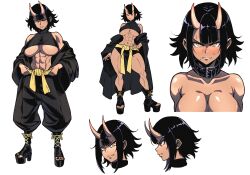 Rule 34 | 1girl, abs, absurdres, bare shoulders, black hair, black kimono, black nails, blunt bangs, blush, boots, breasts, cleavage, closed mouth, collar, collarbone, crop top, embarrassed, frown, full body, hand on own hip, head only, high heel boots, high heels, highres, horns, japanese clothes, kimono, large breasts, looking at viewer, multiple views, muscular, muscular female, navel, no bra, one eye closed, oni, oni horns, original, pants, partially undressed, profile, puffy pants, sash, short hair, shorts, simple background, sleeveless turtleneck crop top, solo, sweat, thighs, toeless footwear, toenails, toned, topless, underwear, undressing, upper body, v-shaped eyebrows, websake, white background, yellow eyes, yellow sash