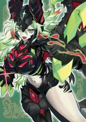 1girl absurdres breasts colored_tips demon_horns demon_wings diabellstar_the_black_witch diabellstar_the_sin_adjudicator duel_monster green_eyes green_hair highres horns large_breasts long_hair messy_hair midriff multicolored_hair open_mouth red_hair sharp_teeth single_bare_leg smile solo teeth wings xzon_(chai_z) yu-gi-oh!