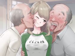 Rule 34 | 1girl, 2boys, age difference, bald, breasts, bright pupils, brown hair, drooling, heavy breathing, hug, indoors, licking, light brown hair, long hair, multiple boys, old, old man, one eye closed, original, plus step, raglan sleeves, saliva, sweat, tongue, tongue out