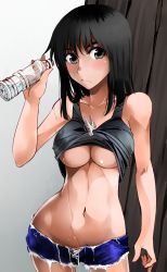 Rule 34 | 00s, 1girl, bare shoulders, black eyes, black hair, bottle, breasts, casual, clothes lift, clothes pin, cosaten, curvy, cutoffs, highres, large breasts, midriff, navel, school rumble, shirt lift, short hair, short shorts, shorts, solo, suou mikoto (school rumble), tank top, torn clothes, underboob, wet