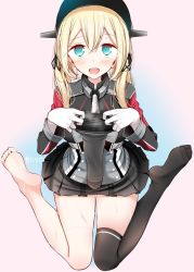 Rule 34 | 10s, 1girl, anchor hair ornament, aqua eyes, bad id, bad twitter id, barefoot, black skirt, blonde hair, blush, feet, gloves, hair ornament, hat, highres, kantai collection, kneeling, unworn legwear, long sleeves, md5 mismatch, microskirt, military, military hat, military uniform, no shoes, oouso, peaked cap, pleated skirt, prinz eugen (kancolle), resized, single sock, sitting, skirt, socks, soles, solo, steam, sweat, thighhighs, toes, twintails, twitter username, uniform, wariza, white gloves