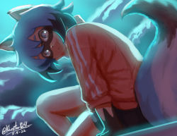 Rule 34 | 1girl, animal ears, artist name, blue hair, blue shorts, body fur, brand new animal, brown hair, closed mouth, cloud, cloudy sky, commentary, dark-skinned female, dark skin, dated, english commentary, from below, furry, furry female, highres, jacket, kagemori michiru, khester824, knee up, looking at viewer, looking down, multicolored hair, night, raccoon ears, raccoon girl, raccoon tail, red eyes, red jacket, short hair, shorts, sky, smile, solo, tail, track jacket, twitter username