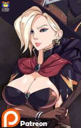 Rule 34 | 1girl, artist name, bad deviantart id, bad id, bangle, blonde hair, blue eyes, bracelet, breast hold, breasts, brown gloves, capelet, cleavage, earrings, elbow gloves, gloves, halloween costume, hat, holding, holding staff, jack-o&#039;-lantern, jack-o&#039;-lantern earrings, jewelry, kyoffie, large breasts, lips, mechanical wings, mercy (overwatch), nose, official alternate costume, overwatch, overwatch 1, parted lips, patreon, short sleeves, signature, solo, staff, upper body, watermark, wings, witch, witch hat, witch mercy