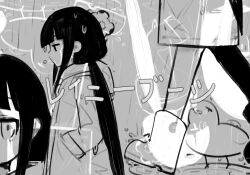Rule 34 | 1girl, animal, animal on head, bird, blunt bangs, boots, collage, commentary, frog, greyscale, hands in pockets, hood, hood down, hooded coat, inabakumori, inverted colors, looking down, looking to the side, low twintails, mirror image, monochrome, multiple views, nukunuku nigirimeshi (style), on head, osage (nukunuku nigirimeshi), out of frame, puddle, rain, raincoat, rubber boots, song name, soraoni, twintails, walking, water drop, wet