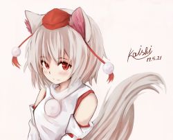 Rule 34 | 1girl, animal ears, bare shoulders, dated, detached sleeves, hat, inubashiri momiji, kawara koishi, leaf, looking at viewer, maple leaf, pom pom (clothes), red eyes, short hair, signature, silver hair, solo, tail, tokin hat, touhou, wide sleeves, wolf ears, wolf tail